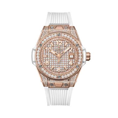 Damenuhr, Automatik, Hublot One Click King Gold White Full Pavé 