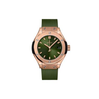 Damenuhr, Quarzwerk, Hublot Classic Fusion King Gold Green